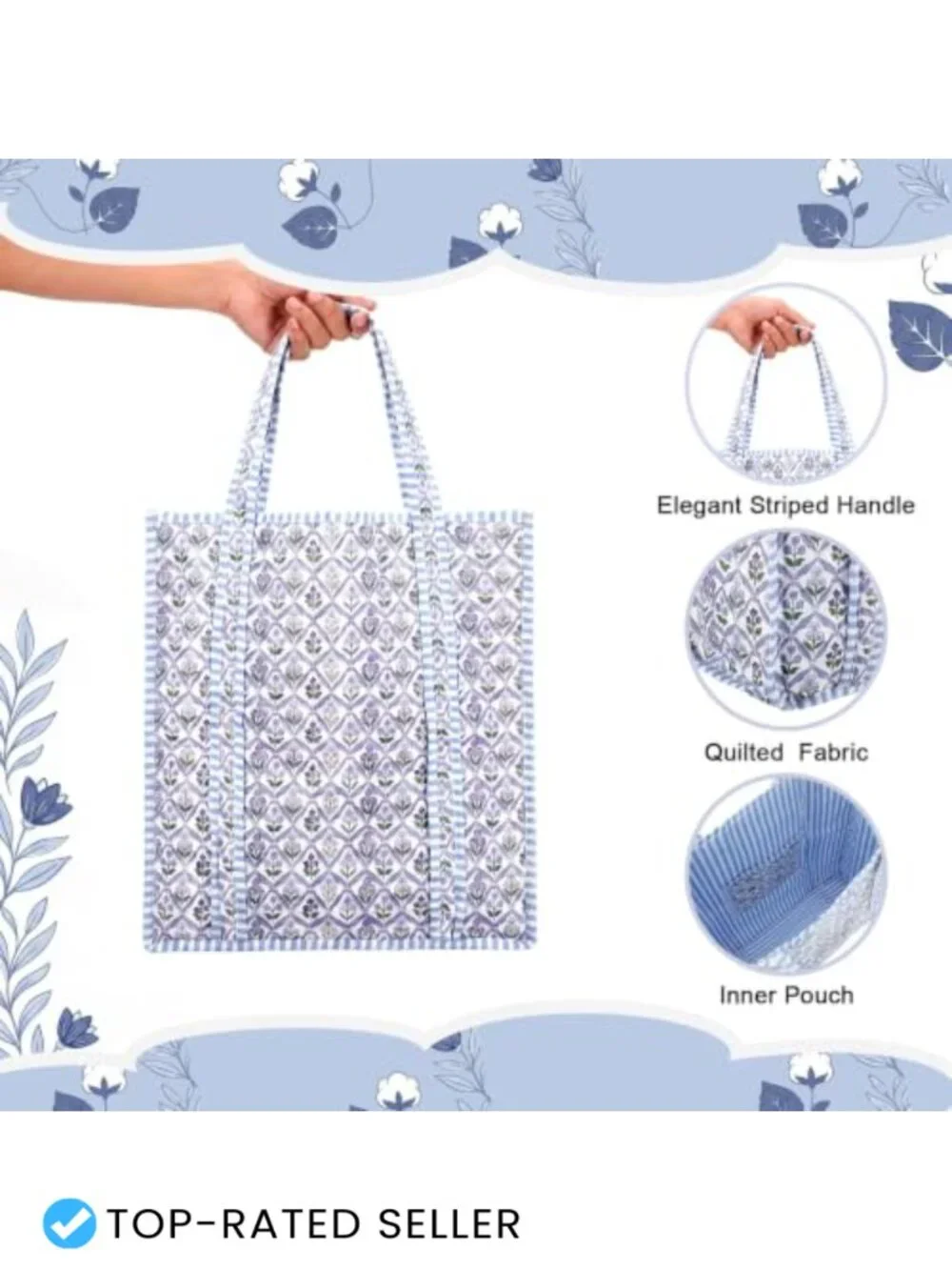 Quilted Tote Bag Block Print Floral Lightweight Handmade Shoulder Bag Market